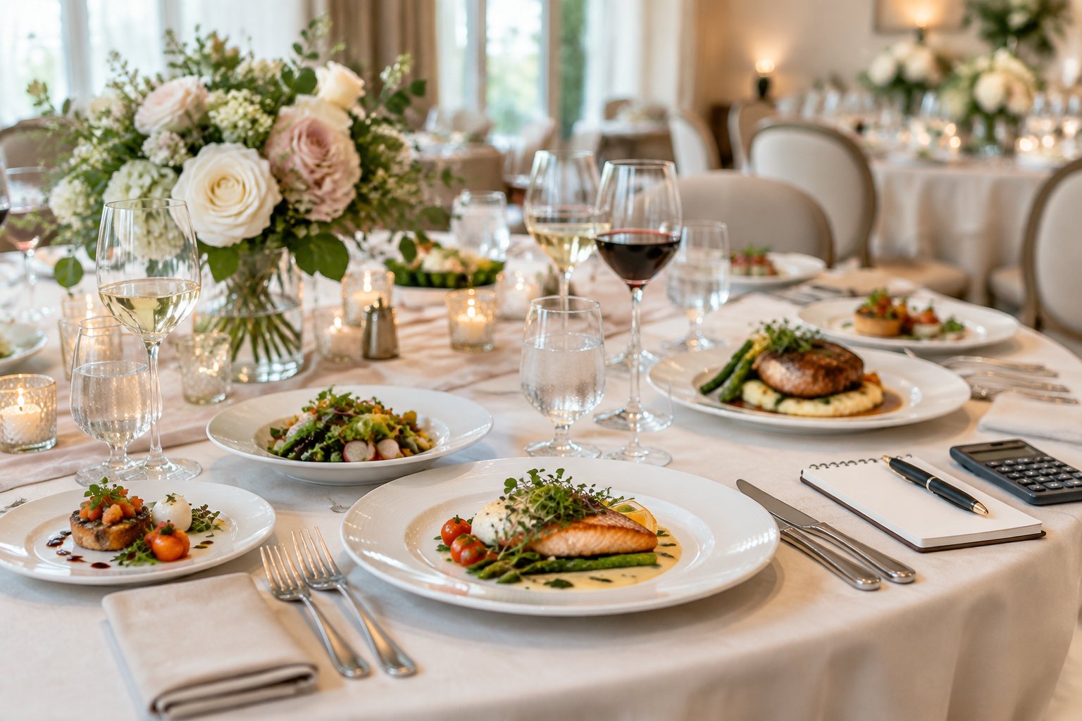 An elegant wedding reception table set with catered dishes, tableware, and a discreet calculator beside the place settings.