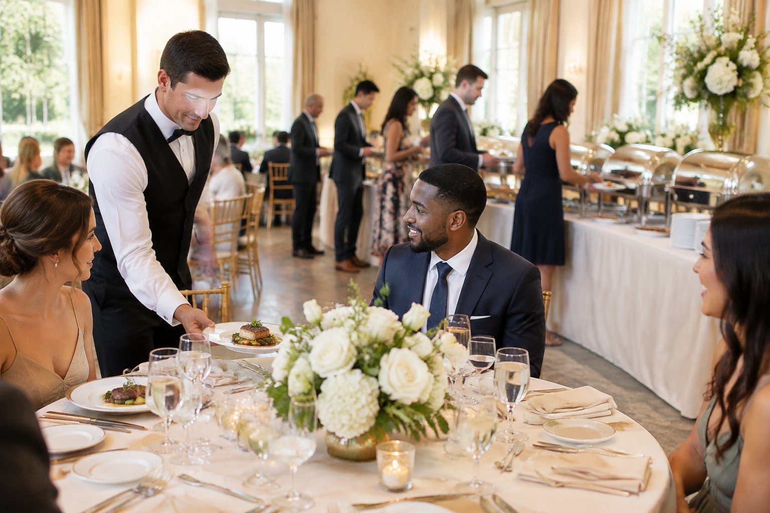 A wedding reception showing plated table service in the foreground and a buffet station in the background.