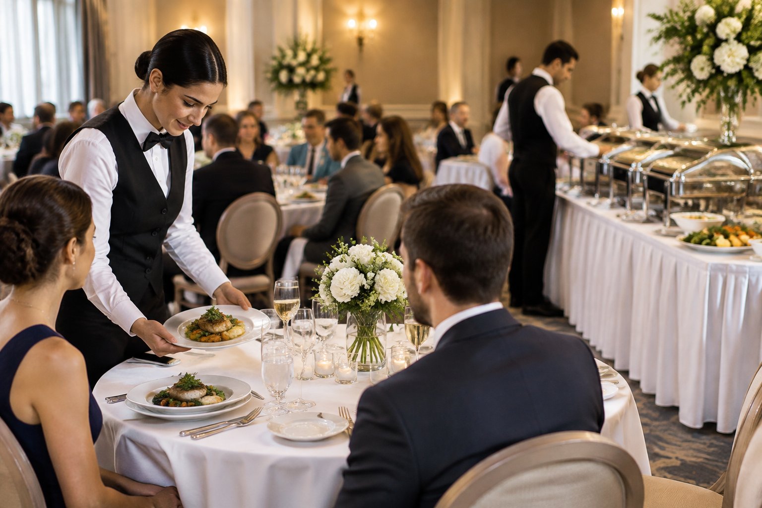 Servers provide plated meals at an elegant wedding reception while a buffet is visible in the background.