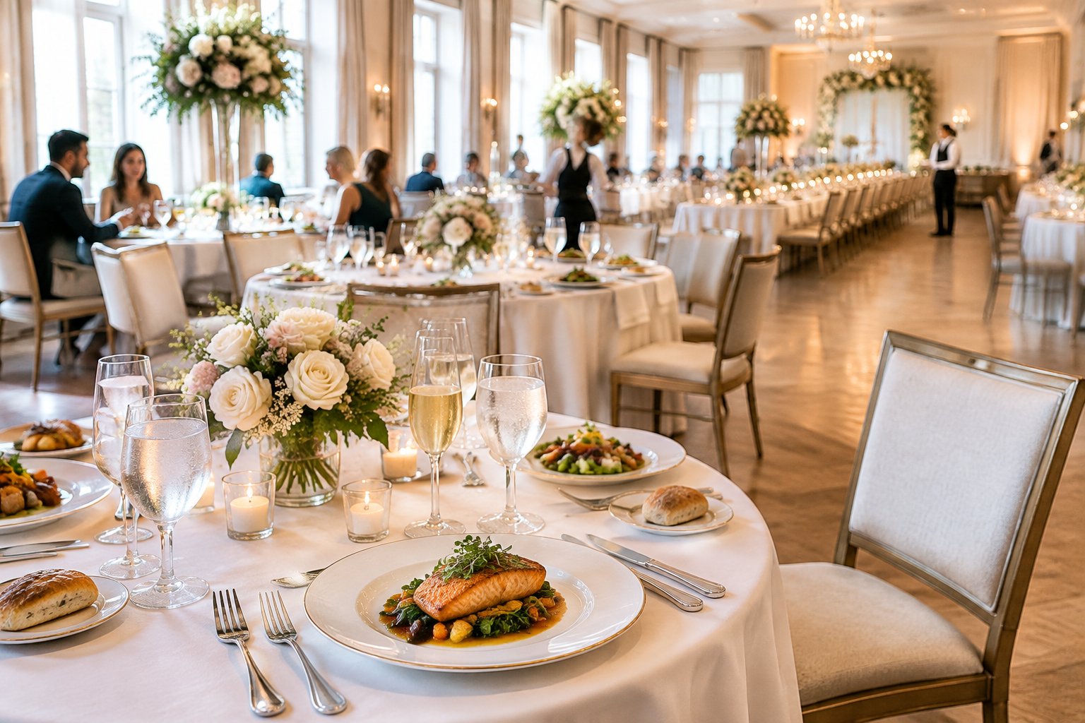 Wedding reception tables arranged with plated meals and catering setups for different group sizes.