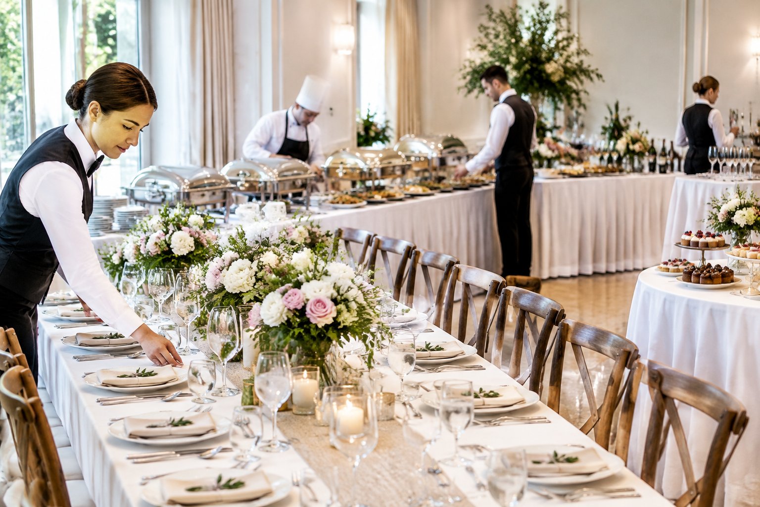 Caterers prepare a formal wedding reception table with plated settings, serving dishes, beverages, and desserts.