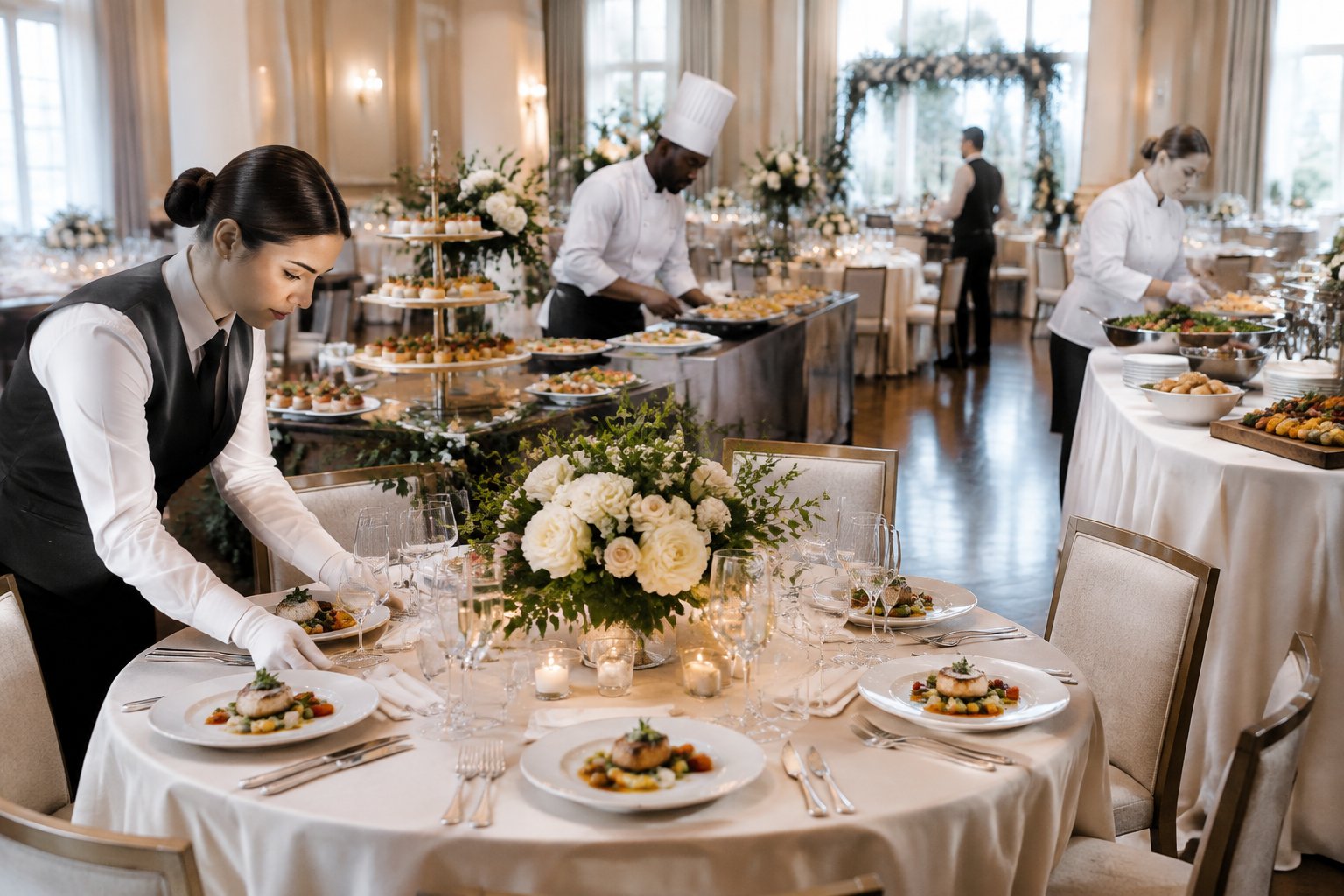 Caterers prepare plated meals and a buffet at an elegant wedding reception.