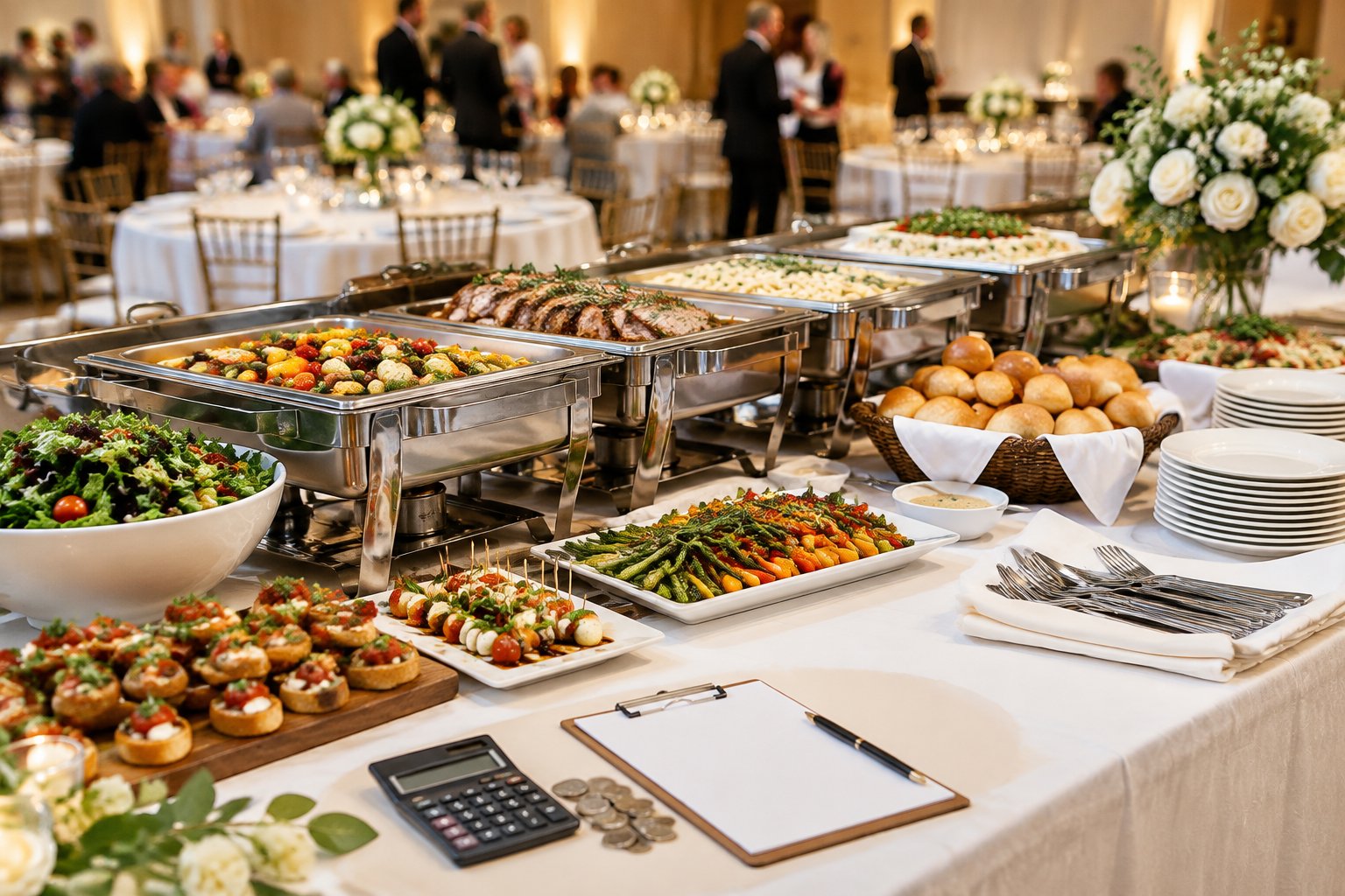 A wedding reception buffet with assorted dishes, serving utensils, table settings, and subtle budgeting items.