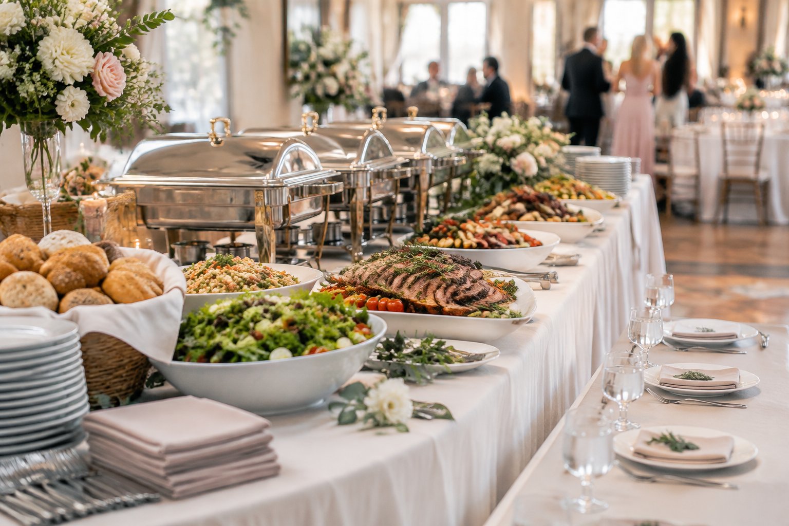An elegant wedding reception buffet with neatly arranged dishes, place settings, and serving utensils.