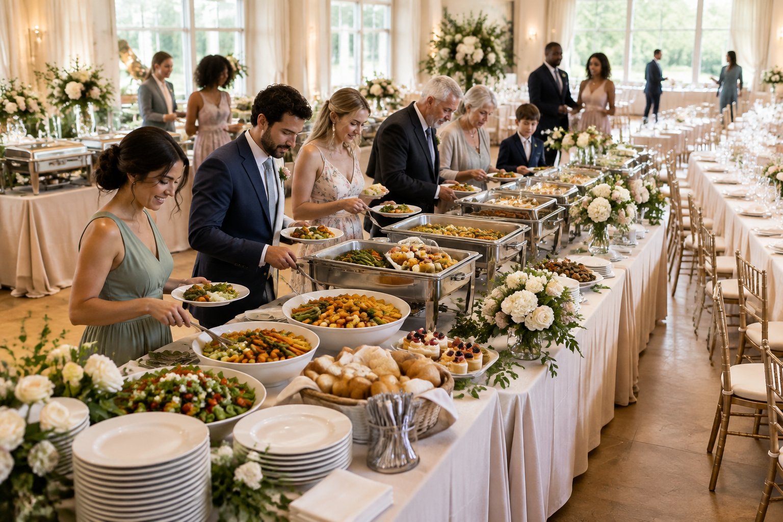 Wedding guests serve themselves from an elegant buffet while additional tables and place settings extend into the reception hall.