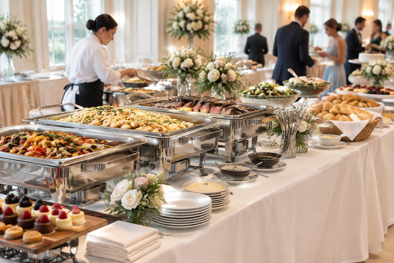 An elegant wedding reception buffet with prepared dishes, serving utensils, desserts, and a caterer assisting guests.