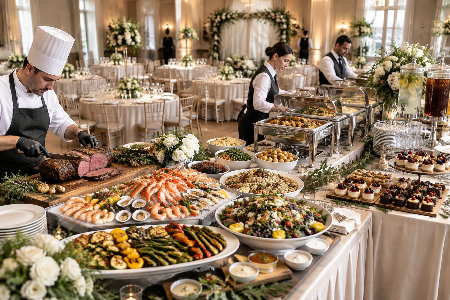 An elegant wedding buffet with premium dishes, a chef carving station, and uniformed servers.