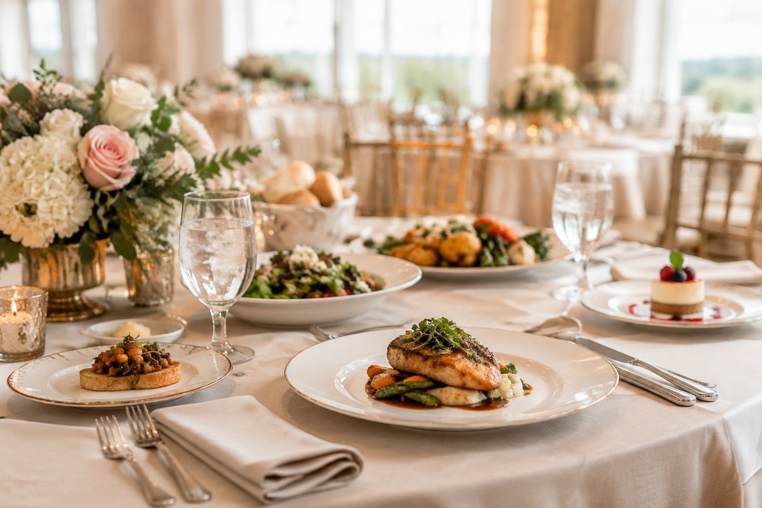 An elegant wedding reception table set with plated meals, glassware, cutlery, napkins, and floral centerpieces.