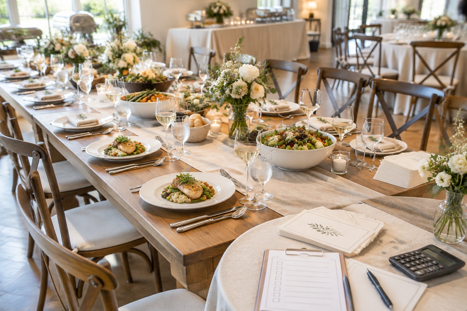 An elegant wedding reception table with plated meals, place settings, and catering planning items.