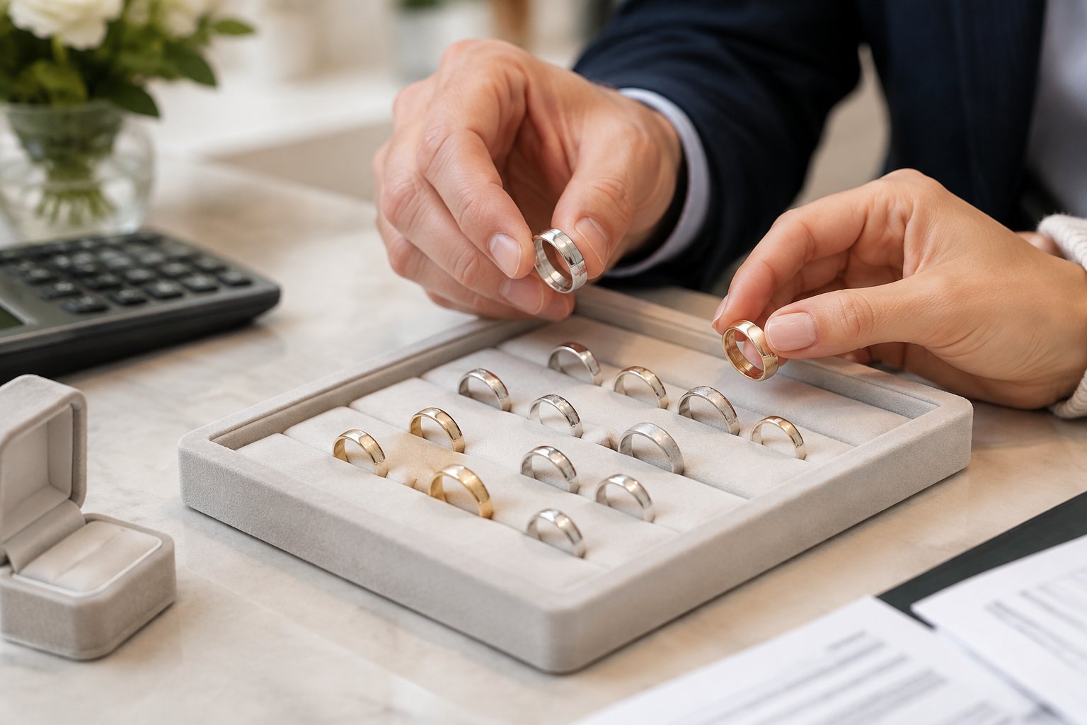 Hands compare several wedding bands on a jewelry tray beside a calculator and jewelry box.