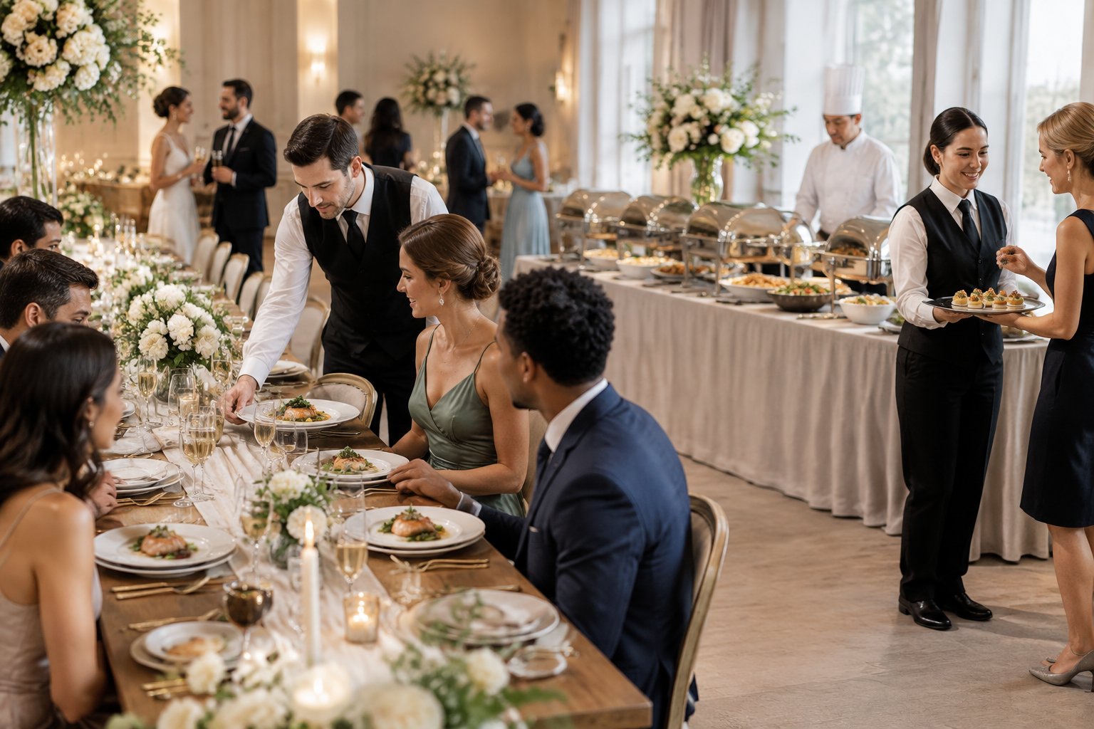 An elegant wedding reception showing plated meals, a buffet station, and servers offering hors d'oeuvres.