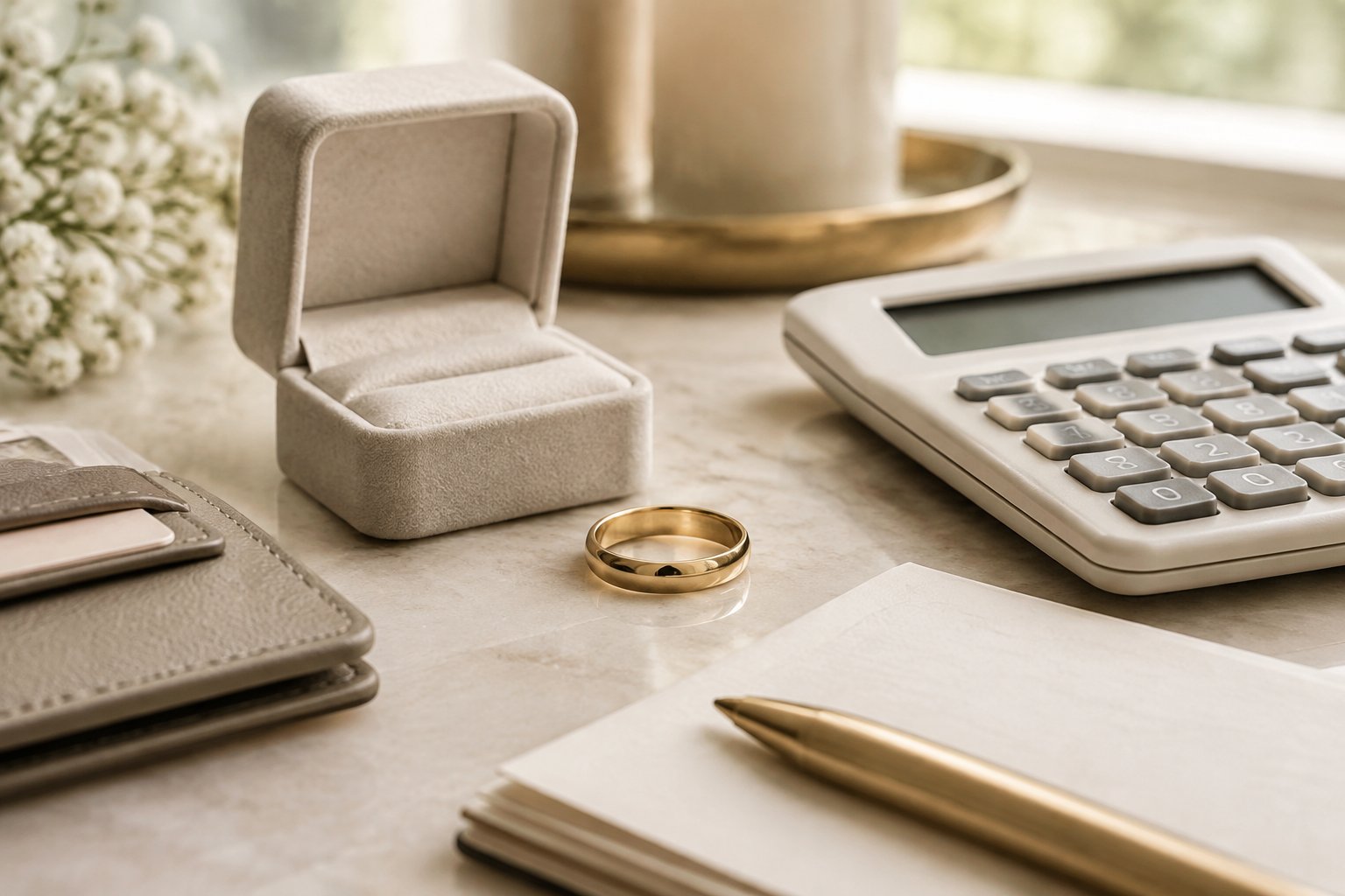 A wedding band beside a jewelry box, calculator, budget papers, and wallet on a tabletop.