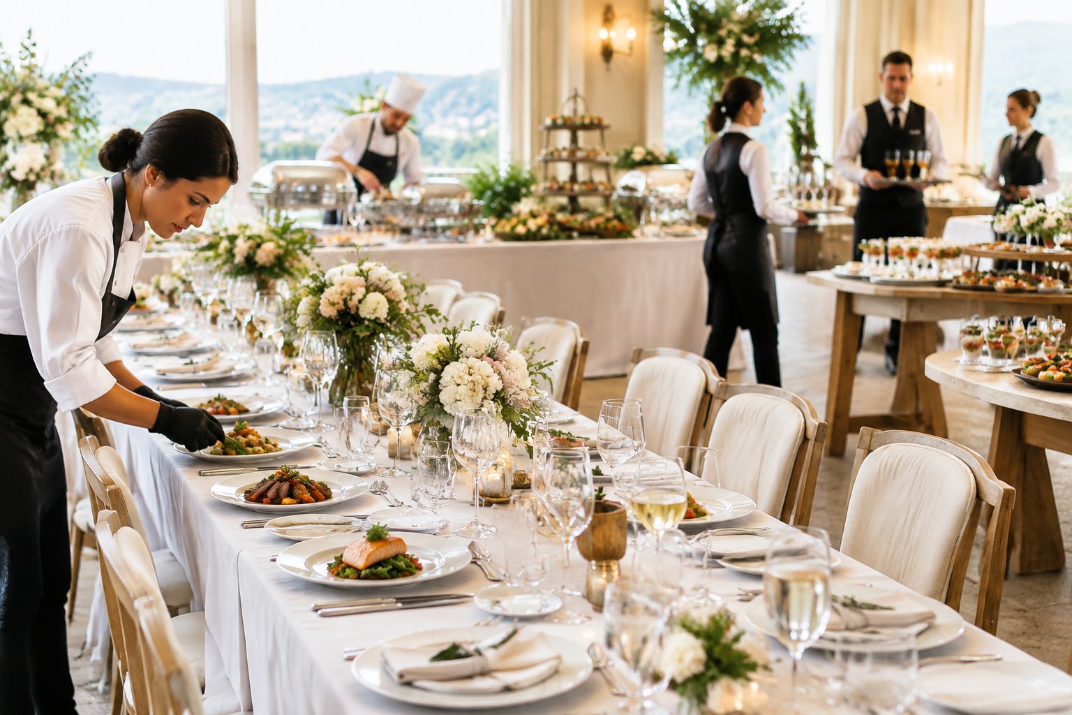 An elegant wedding reception table with plated food, table settings, and caterers preparing a meal.