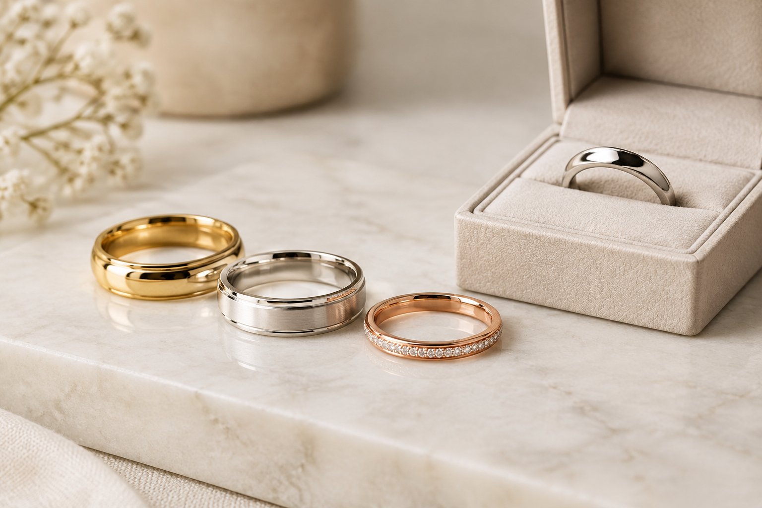 Several gold wedding bands are displayed beside an open jewelry box.