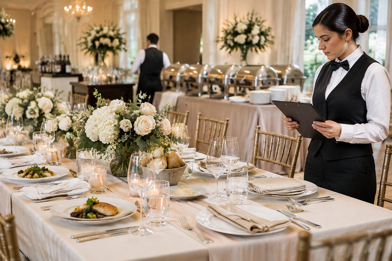 A wedding reception table is set for dinner while a caterer reviews a blank estimate folder nearby.