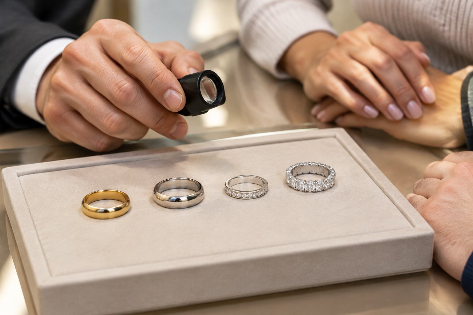 A jeweler compares several wedding bands with different metals and gemstone designs beside a couple’s hands.