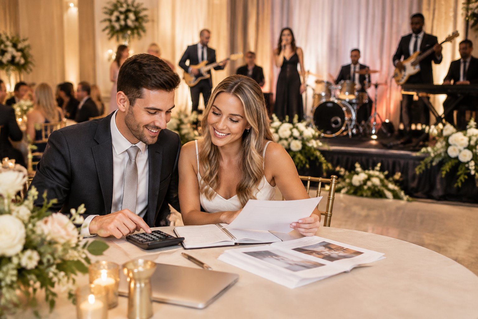 A couple reviews wedding budget materials while a live band performs at a decorated reception.