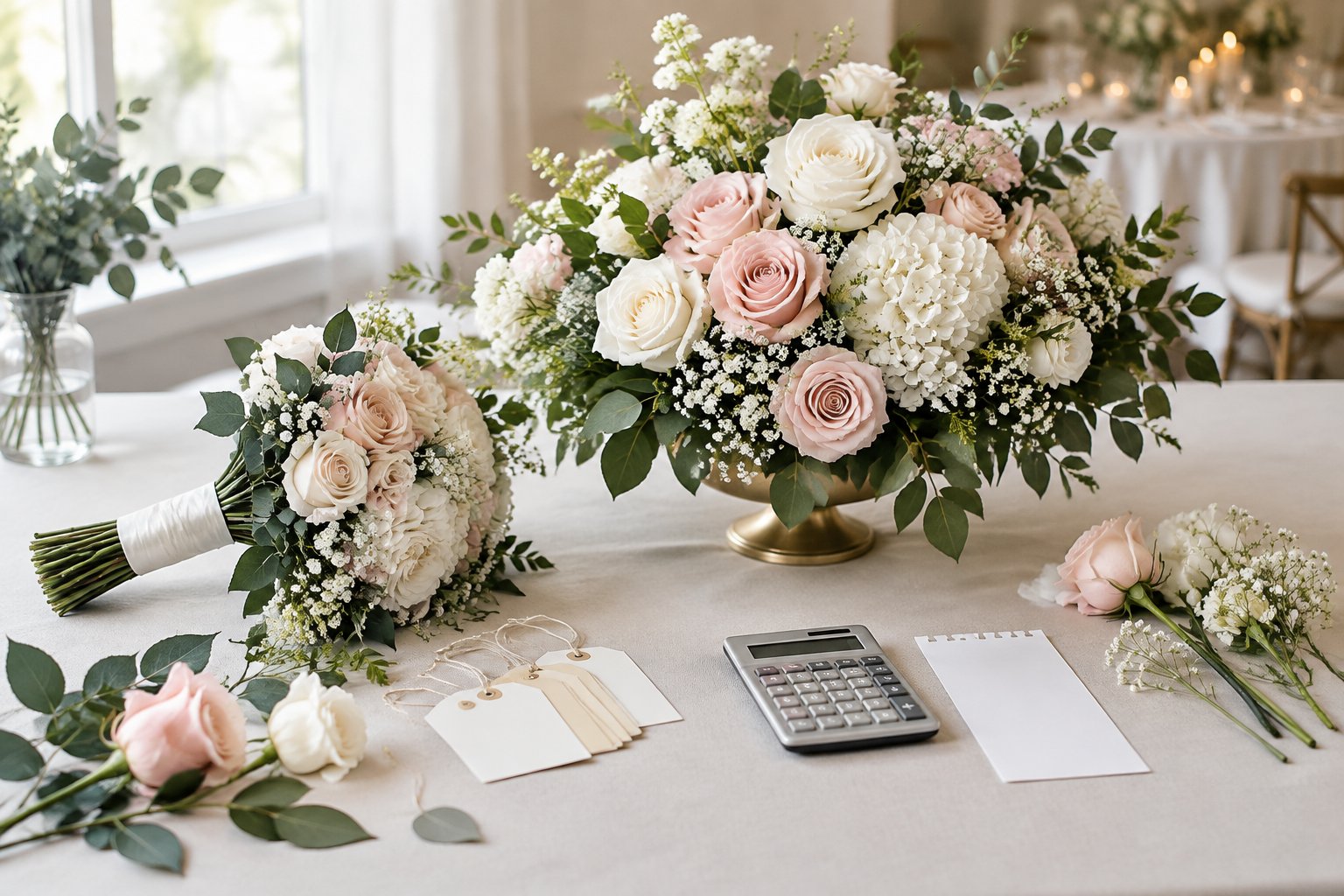 Wedding flowers arranged beside a calculator, receipt, and blank price tags on an elegant table.