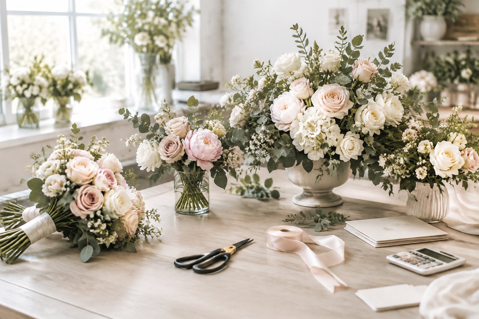 Wedding bouquets and floral centerpieces arranged on a florist's worktable.