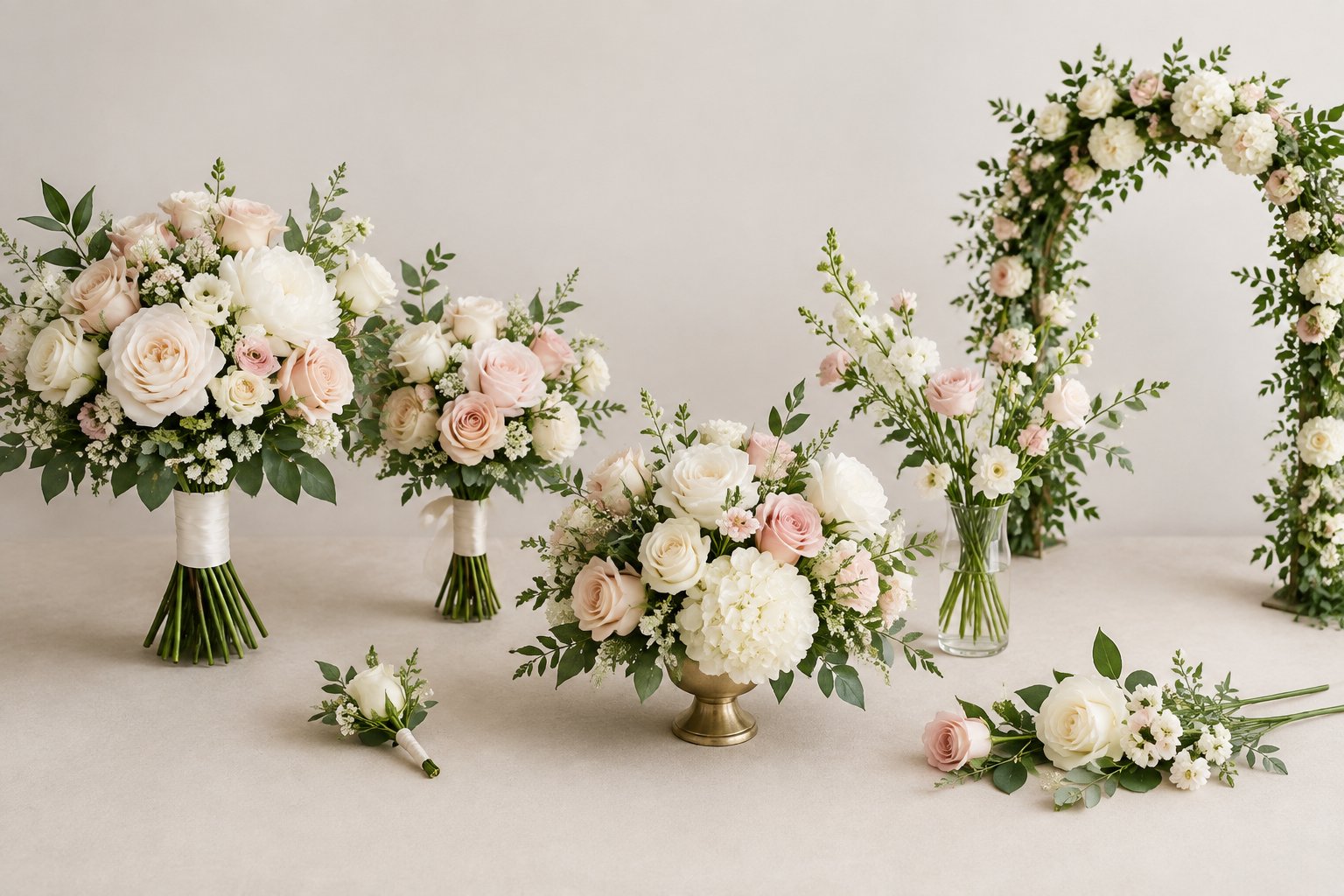 Wedding flowers arranged by type on a neutral tabletop, including bouquets, a boutonniere, centerpieces, and ceremony flowers.