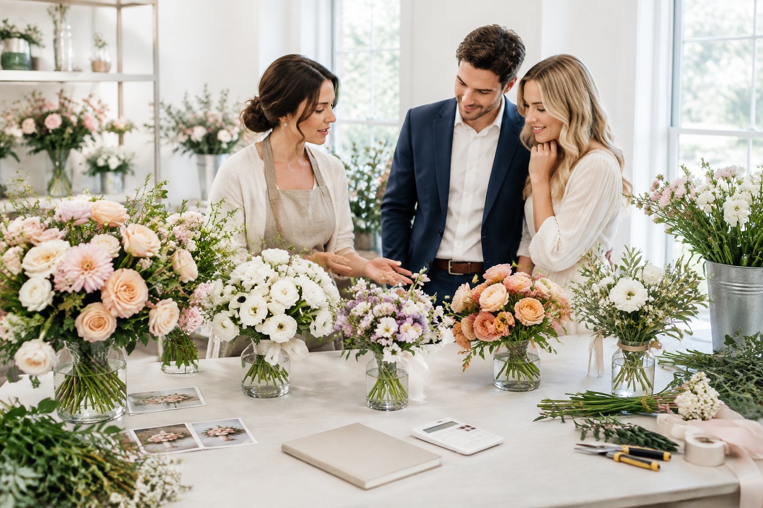 A florist and engaged couple compare several wedding flower arrangements in a bright studio.