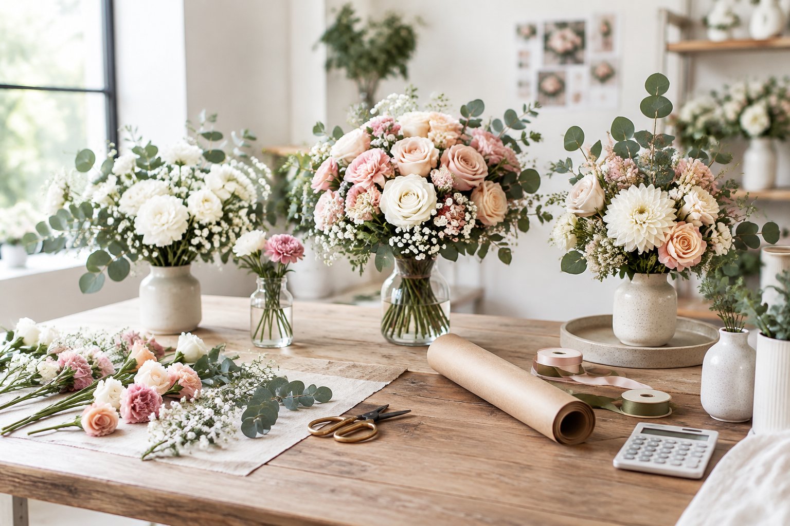A florist's table displays wedding flowers in several arrangements alongside floral tools and budgeting materials.