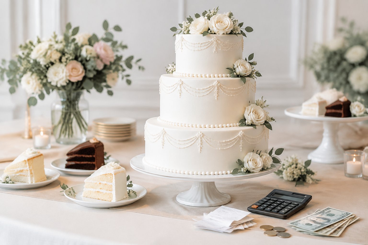 A tiered wedding cake displayed with cake slices, a calculator, receipts, and money on a table.