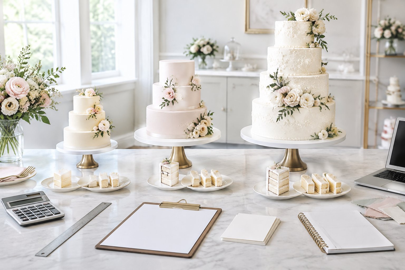Tiered wedding cakes of different sizes arranged with cake slices and planning tools on a consultation table.