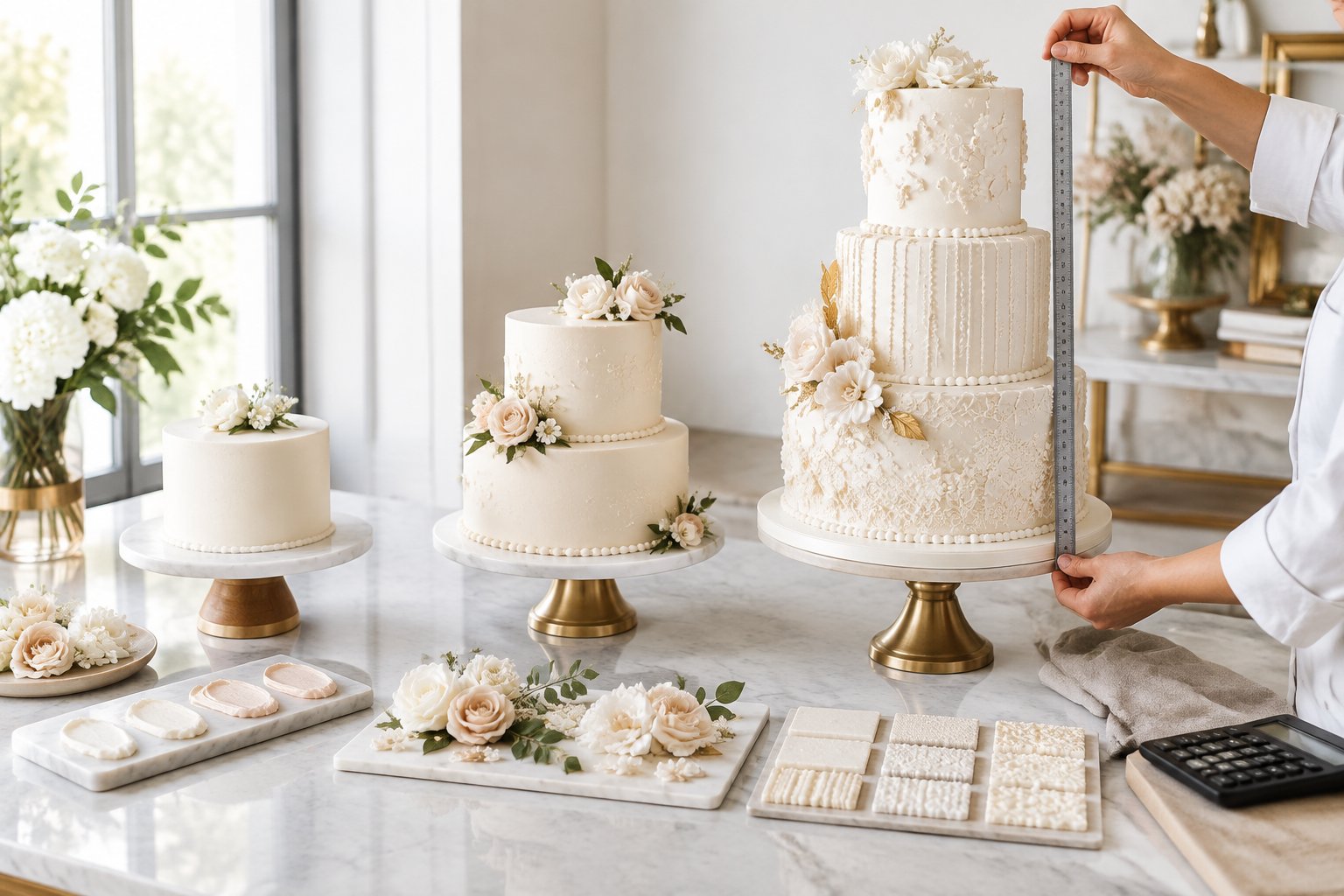 Three wedding cakes of different sizes and decoration levels are compared on a bakery counter.