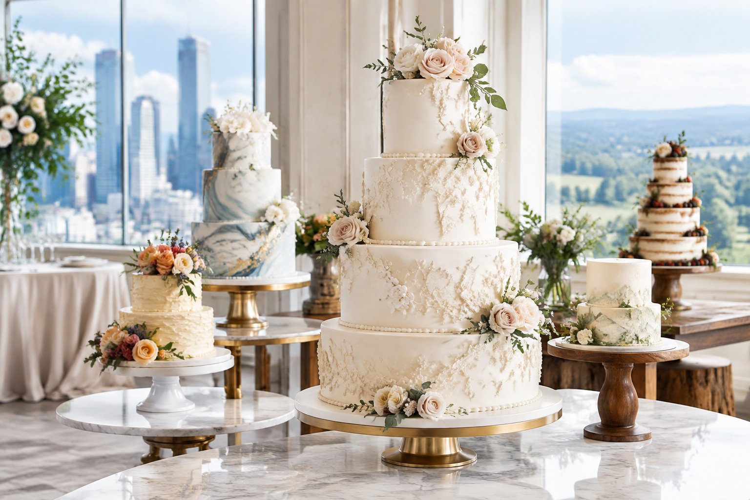 An elegant display of tiered wedding cakes in a bright bakery setting.