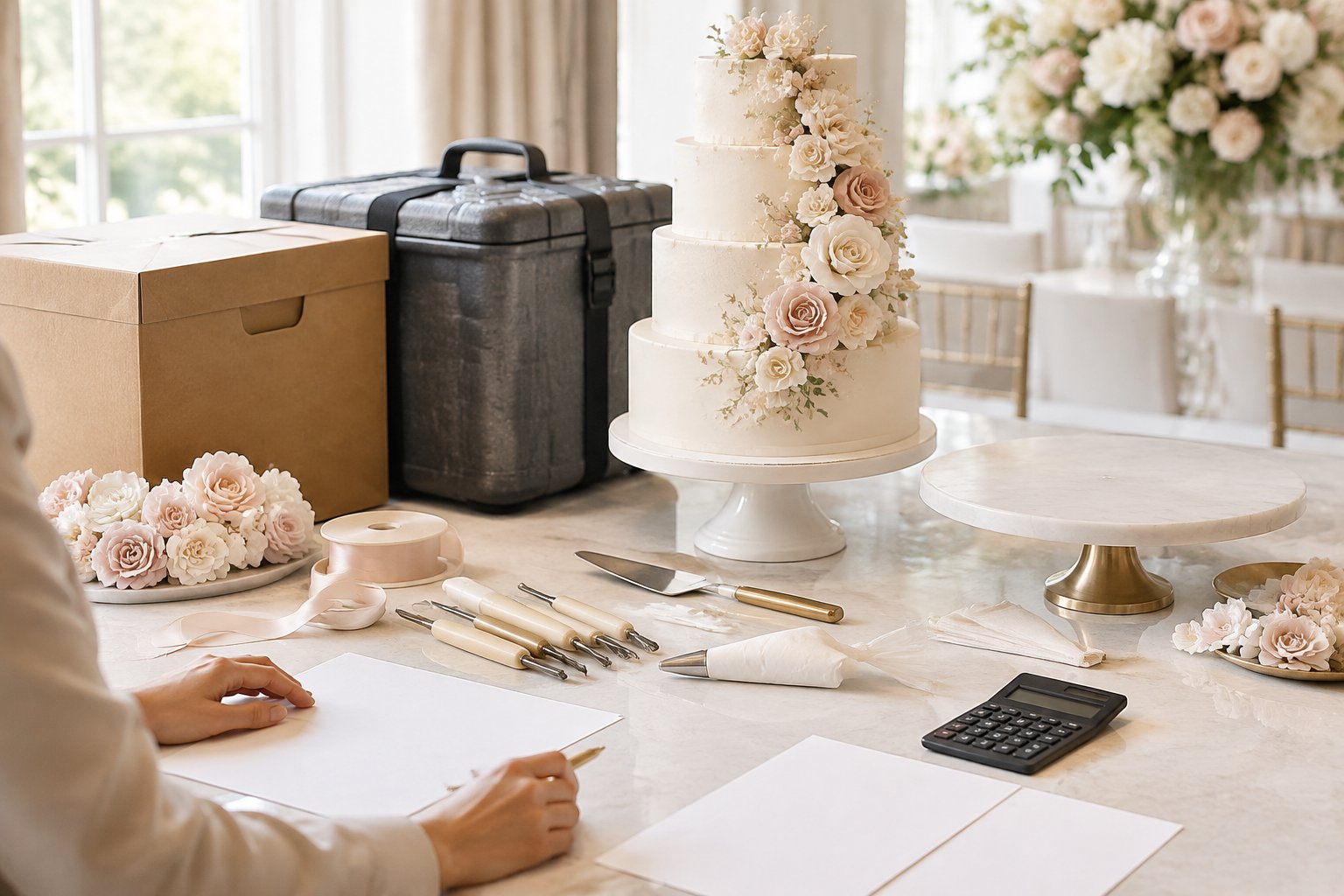 A wedding cake surrounded by delivery, serving, decoration, and rental accessories on a wedding planning table.