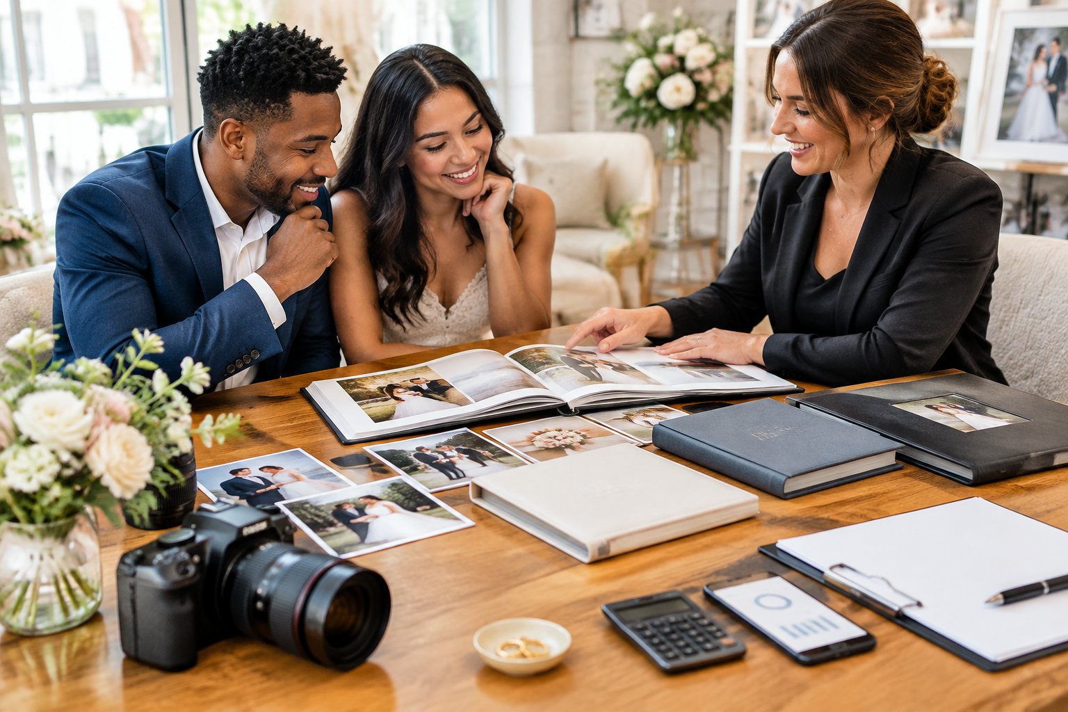 A couple meets with a wedding photographer to review photo albums and plan a photography package.