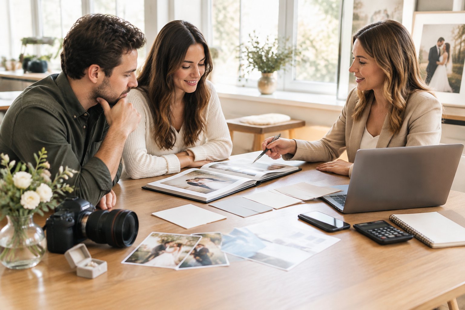 A couple reviews wedding photography package options with a photographer during a consultation.