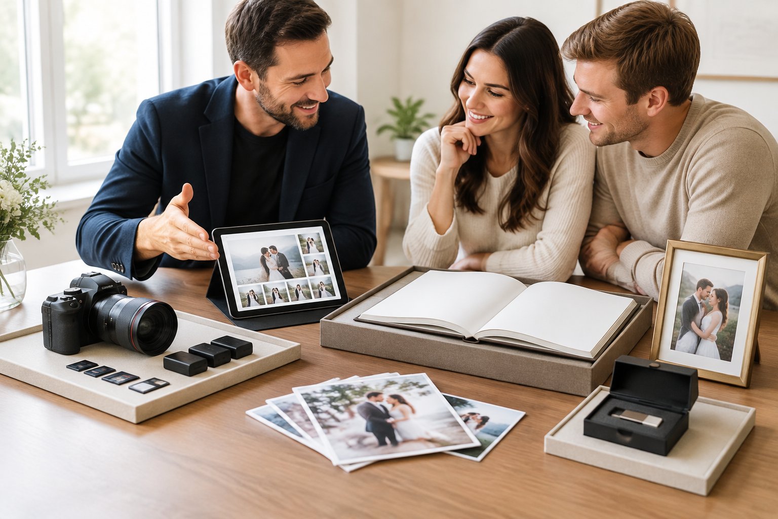 A wedding photographer discusses different photography package items with an engaged couple at a table.