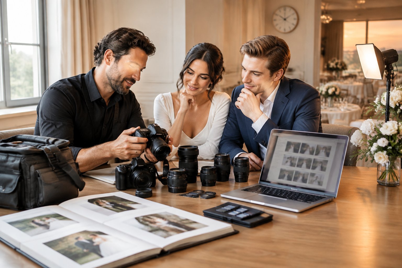 A wedding photographer discusses camera equipment and photography package options with an engaged couple at a reception venue.