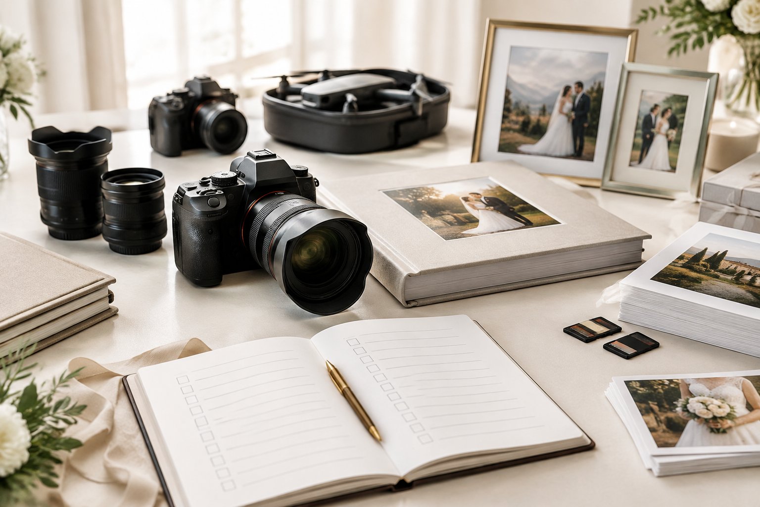 Wedding photography equipment and album materials arranged on a table.