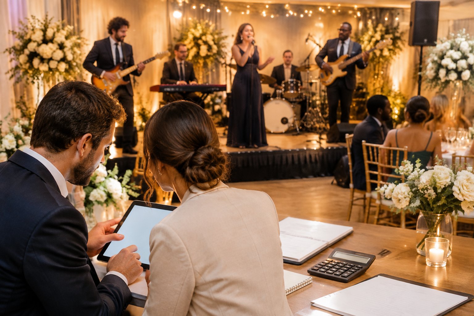A couple reviews wedding entertainment expenses while a live band performs at a reception.