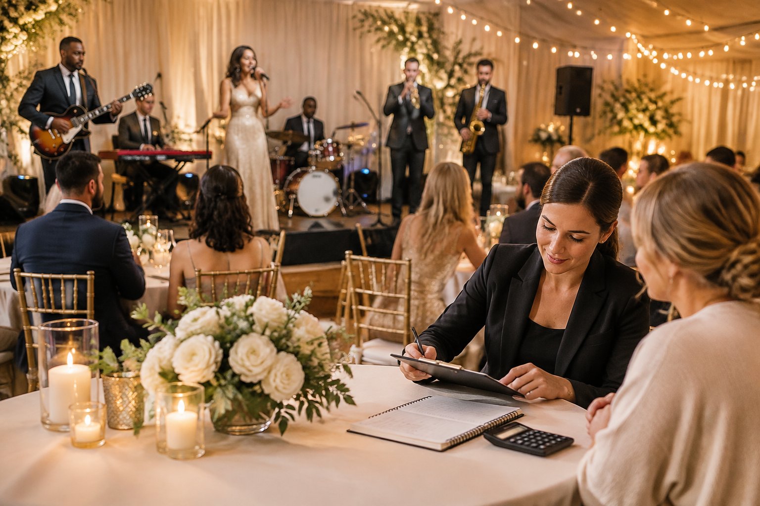 A live band performs at an elegant wedding reception while a coordinator reviews event planning materials.
