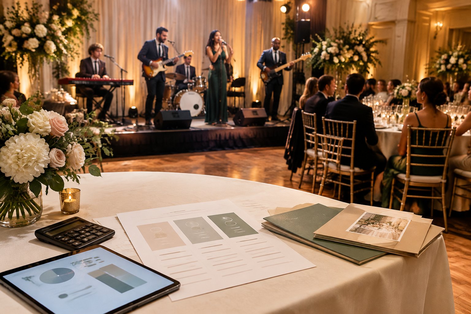 A live wedding band performs at an elegant reception while planning materials and a calculator sit on a nearby table.