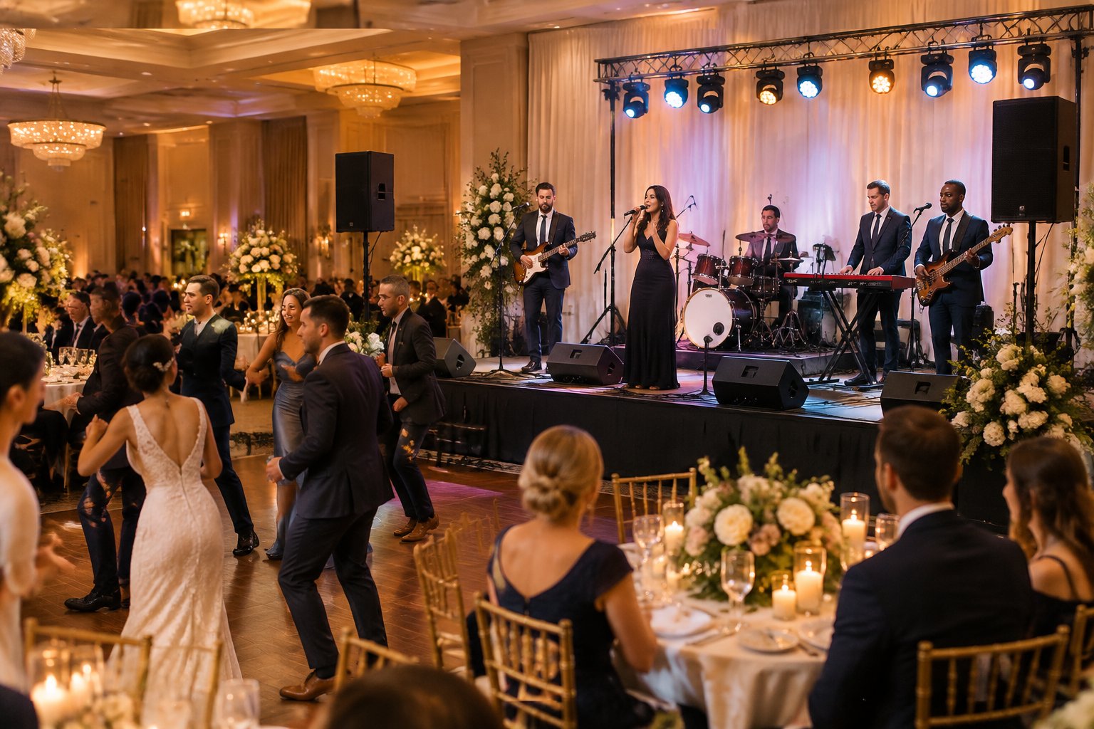 A live band performs at an elegant wedding reception while guests dance nearby.