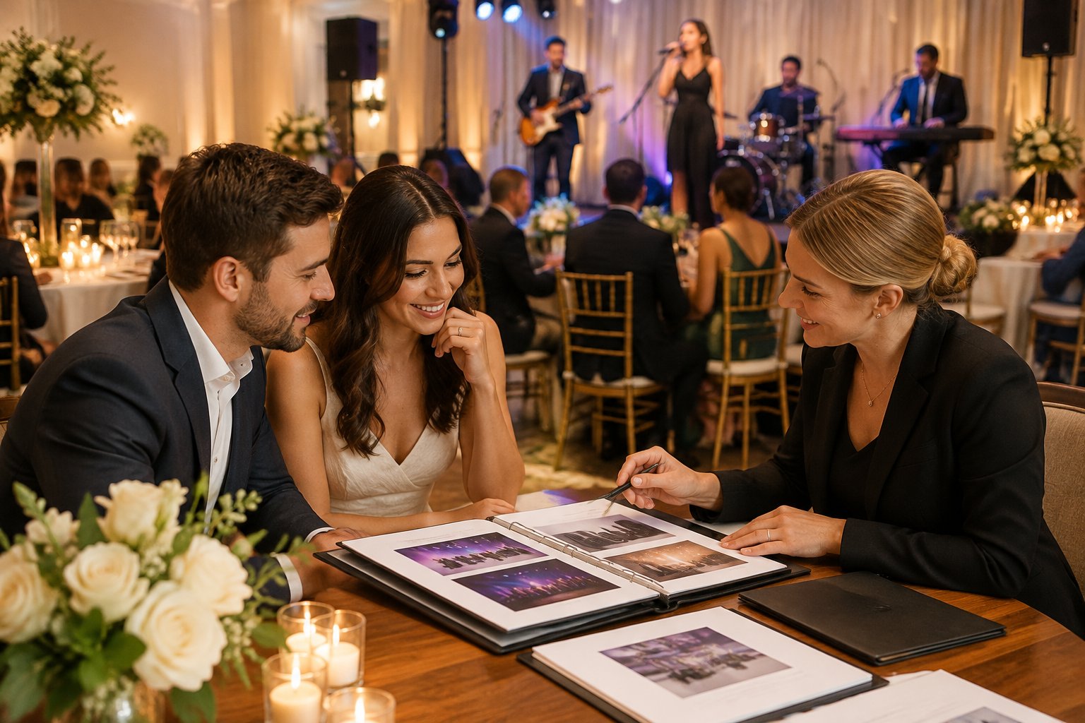 A couple discusses wedding band services with an event professional while a live band performs at a reception in the background.