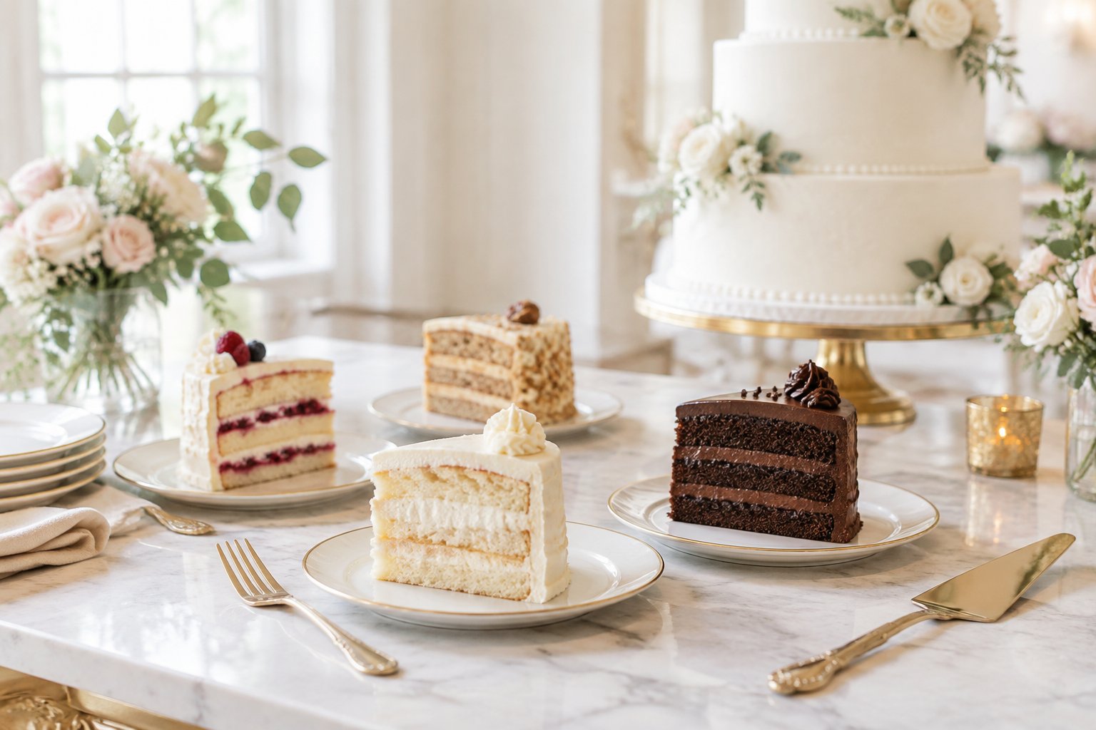 Elegant wedding cake slices arranged on a dessert table with a tiered cake in the background.