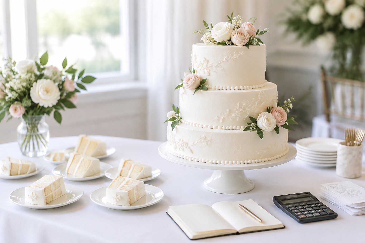 An elegant wedding cake with individual slices, a notebook, calculator, and receipts on a reception dessert table.