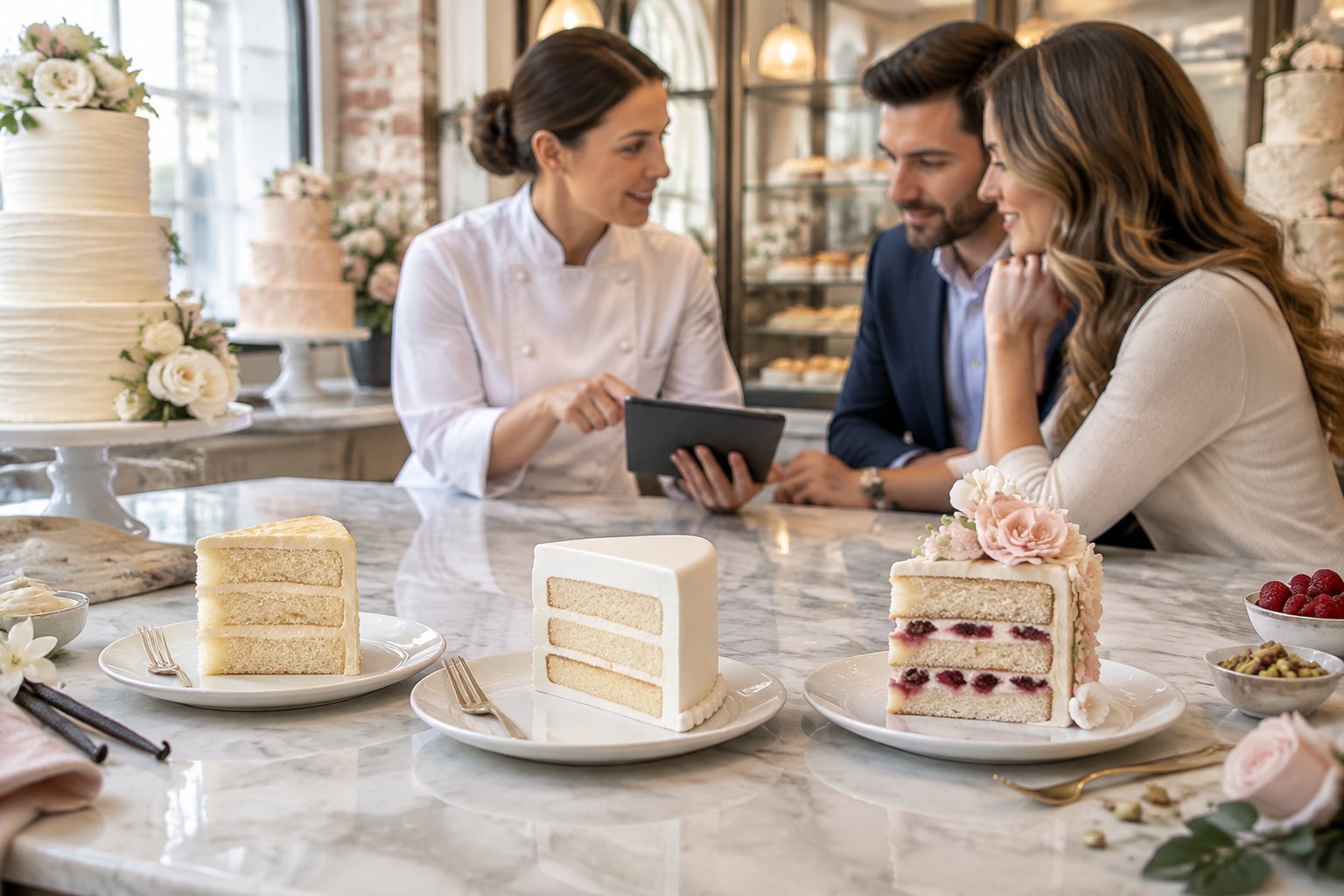 A baker discusses assorted wedding cake slices with a couple at an elegant bakery counter.