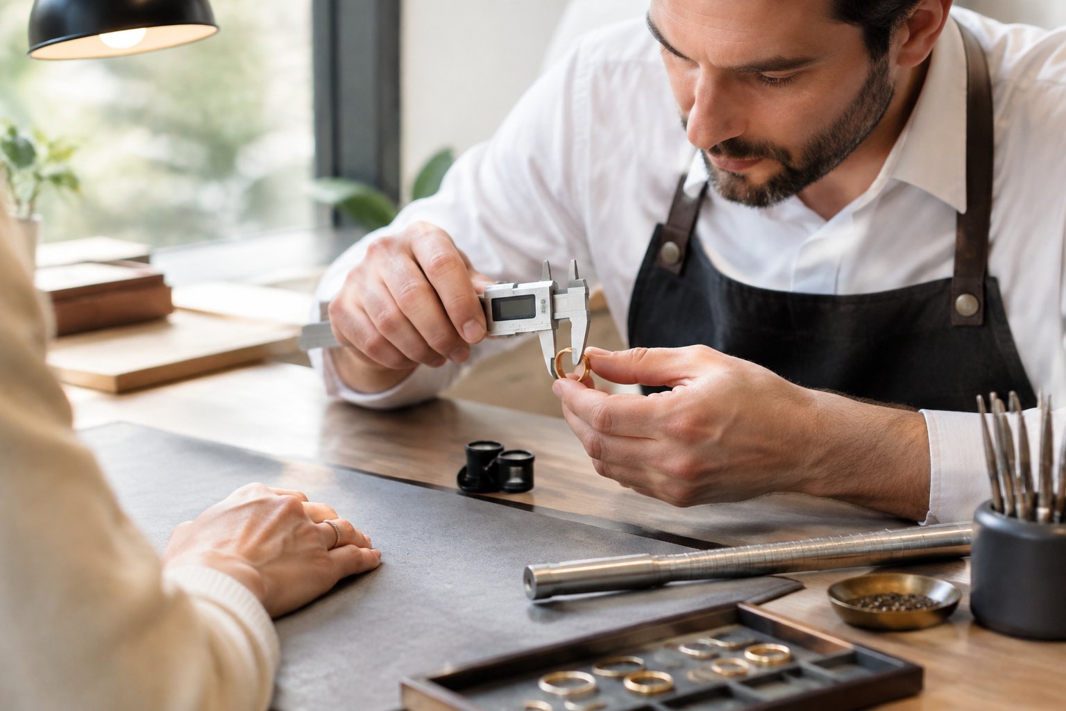 A jeweler measures a gold wedding band with precision tools in a workshop.
