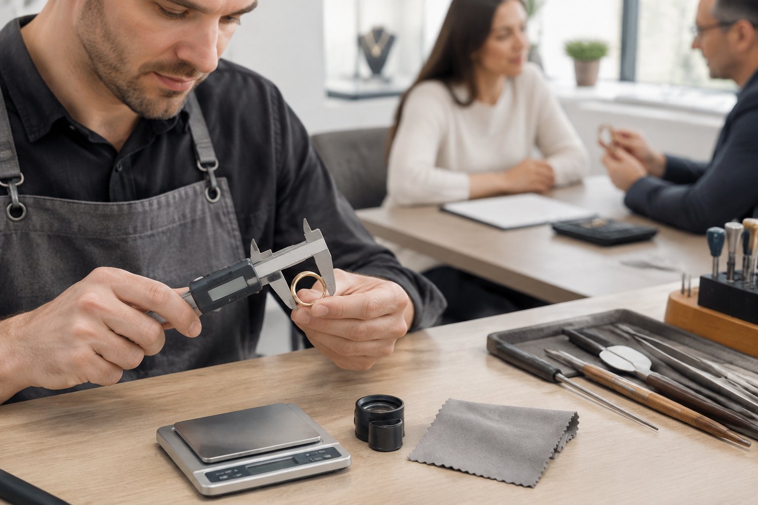 A jeweler measures a gold wedding band with precision tools in a jewelry workshop.