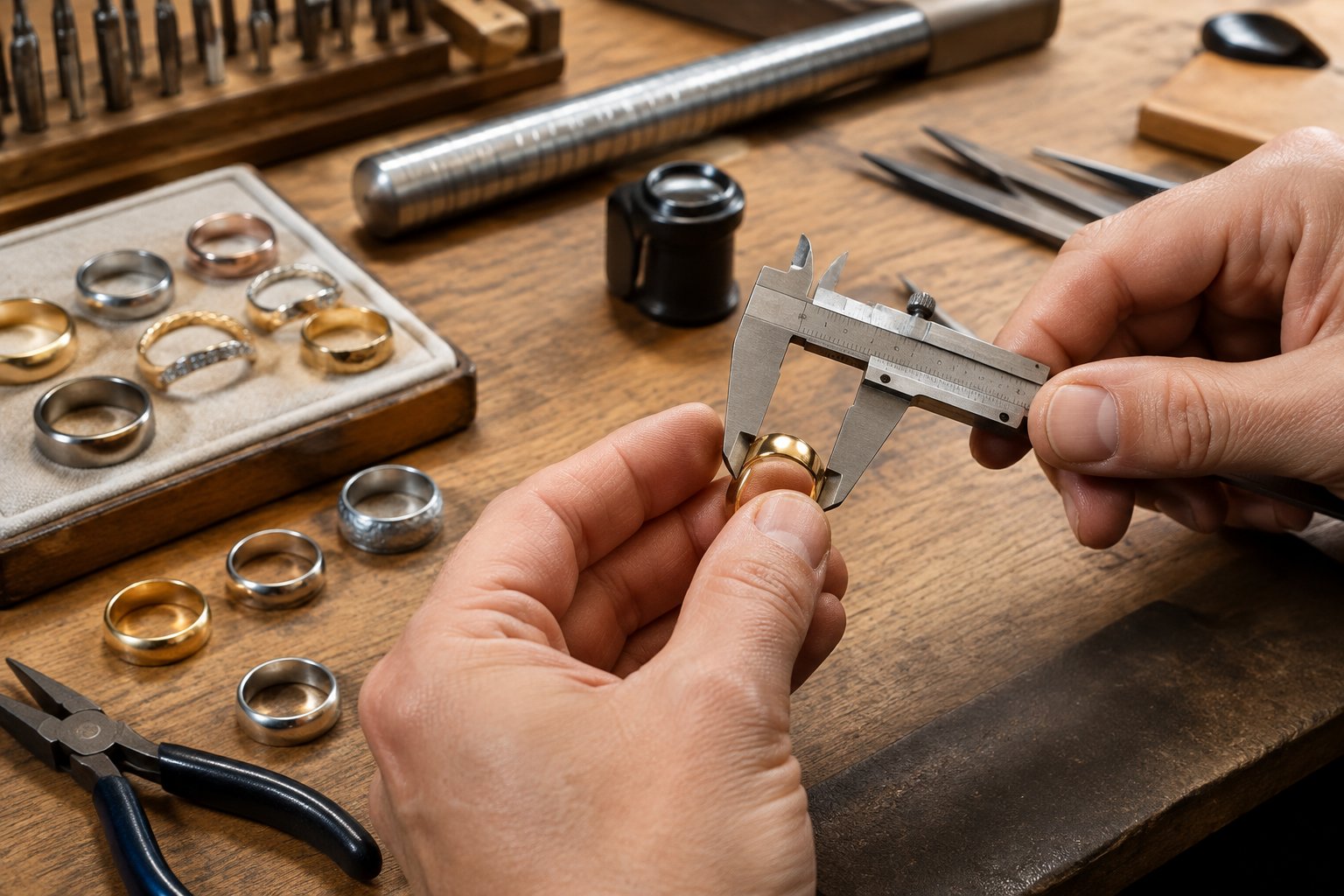 A jeweler measures a gold wedding band with precision tools at a jewelry workbench.