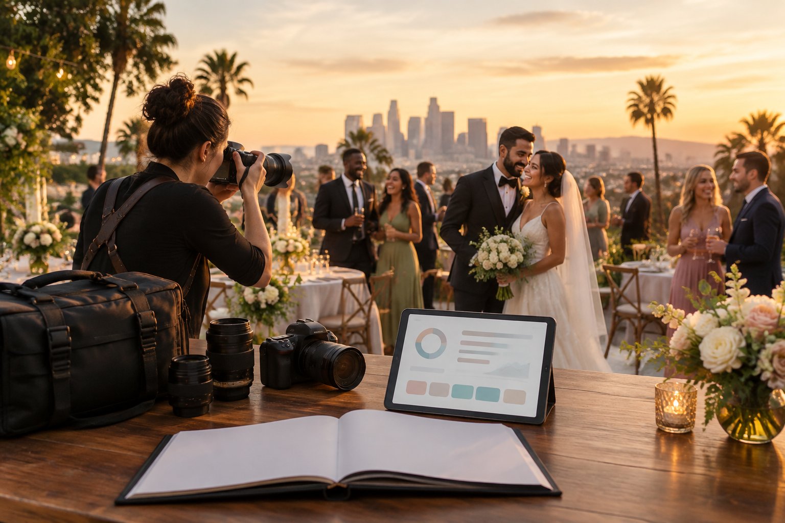 A wedding photographer captures a newlywed couple at an elegant Los Angeles reception while camera equipment and a blank wedding album sit nearby.