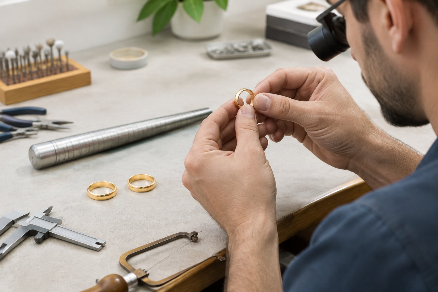 A jeweler uses precision tools to resize a gold wedding band at a workshop bench.
