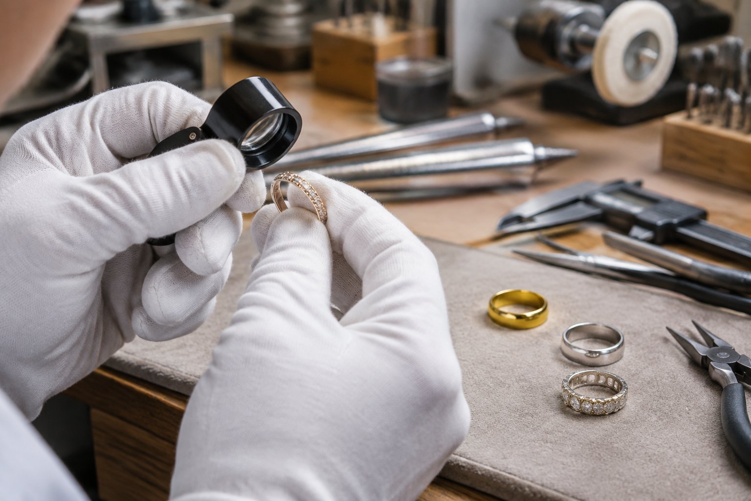 A jeweler examines several wedding bands on a professional workbench.